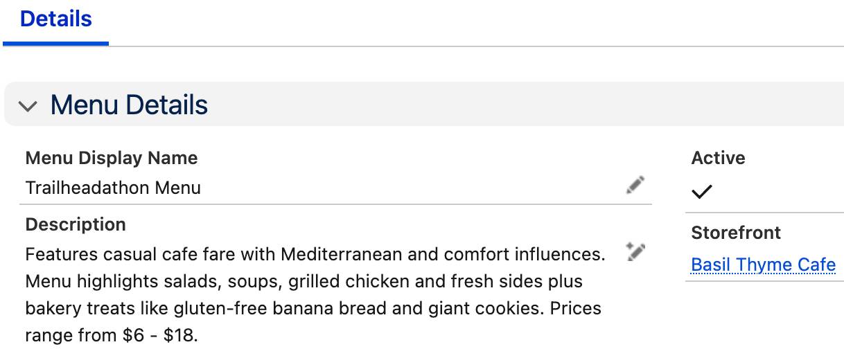 Menu Details showing the Description field populated with the Einstein-generated text.