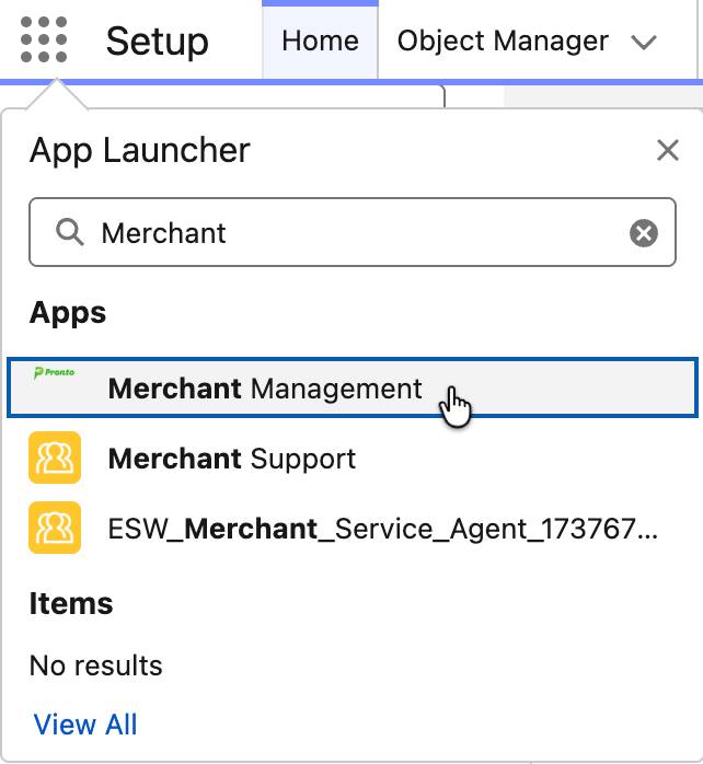 App Launcher showing the Pronto Merchant Management app in the Apps list.
