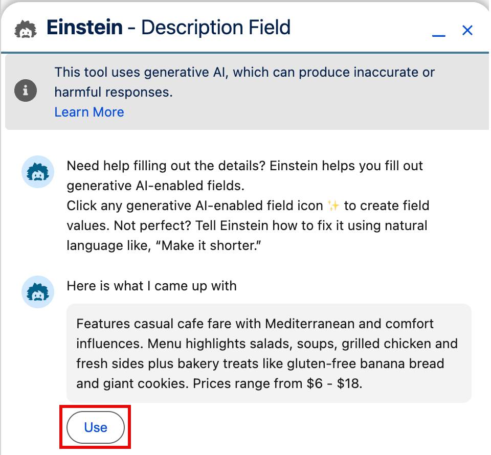 The Einstein - Description Field tool showing the generated menu description and a button labelled Use that adds the generated text to the Description field.