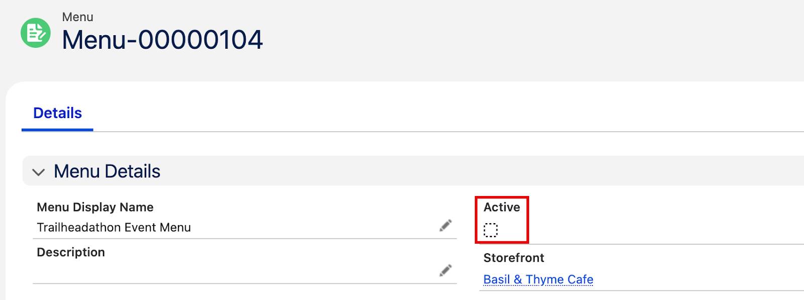 The Menu Details section of the menu showing the Active button unchecked.