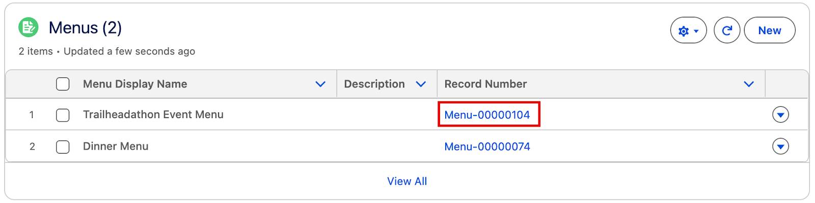 Menus Related List showing the new Trailheadathon Event Menu link.