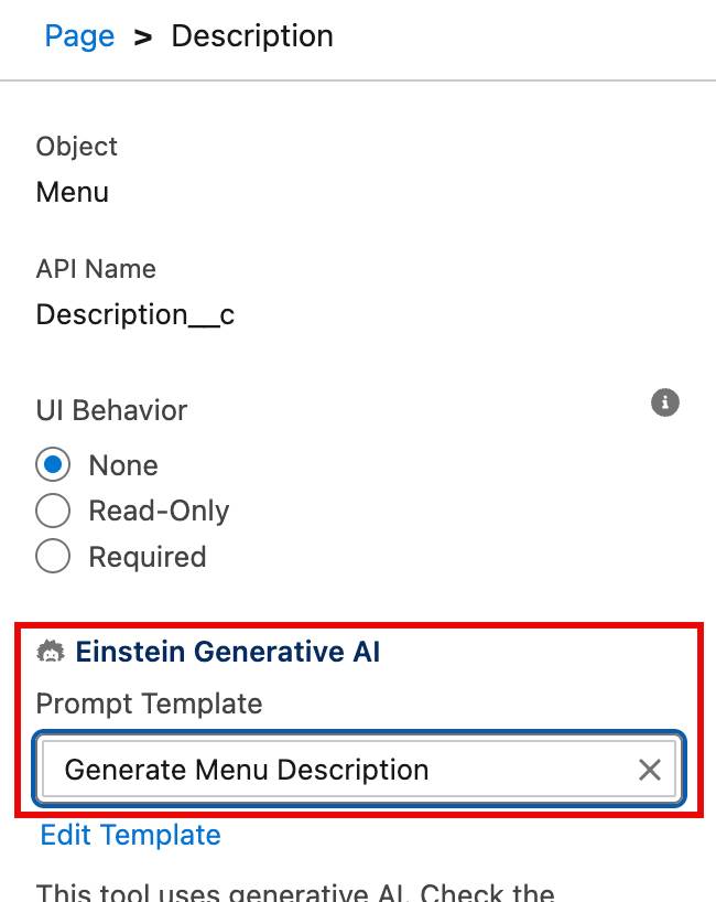 Lightning App Builder showing the Generate Menu Description field selected in the Prompt Template field.