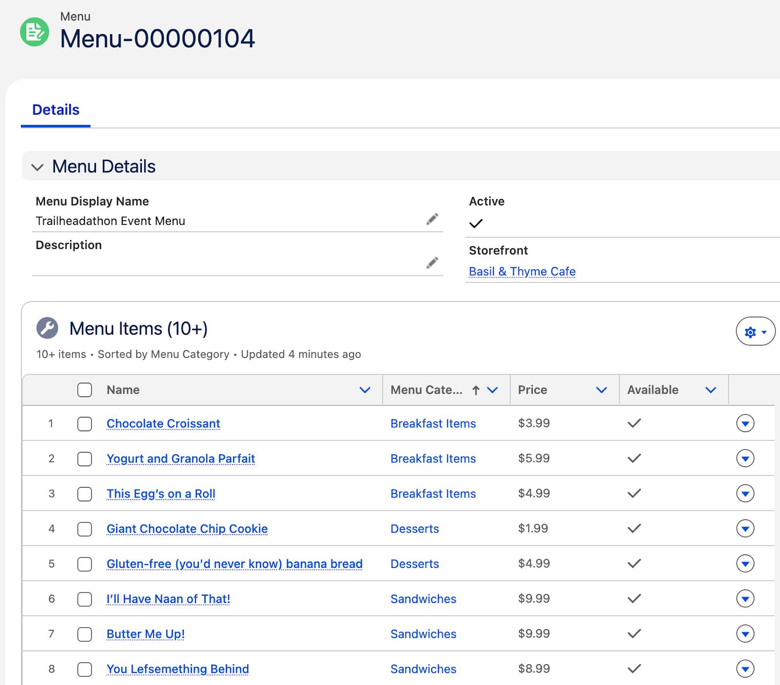 The Trailheadathon Event Menu record showing categorized menu items that link to records for each menu item.