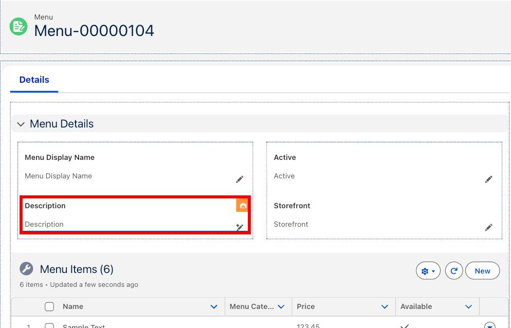 Lightning App Builder, showing the Menu Details with the Description field highlighted.
