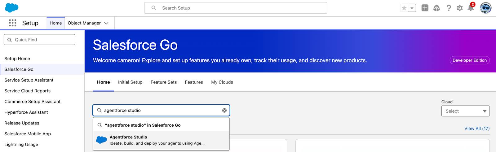 The Salesforce Go page showing Agentforce Studio selected from the search features menu.