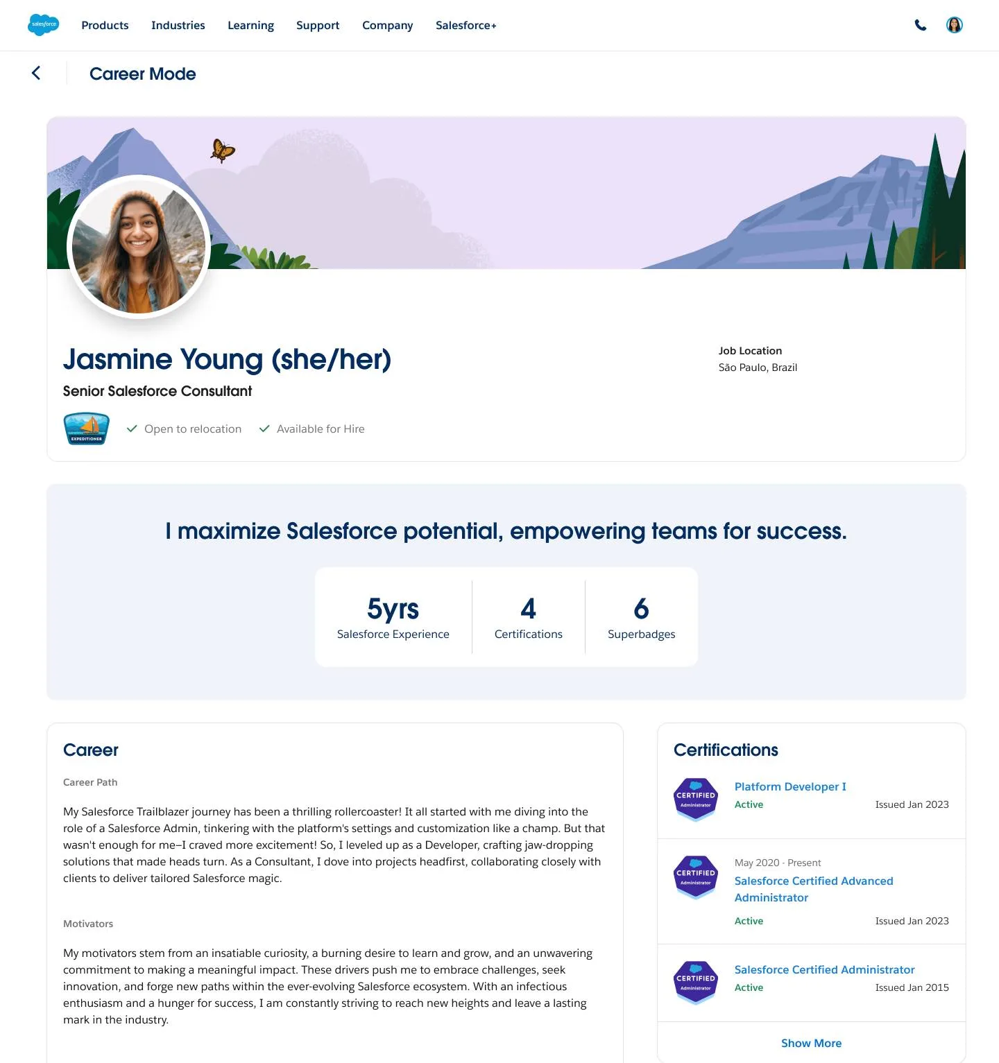 Ejemplo de perfil de Trailblazer con el modo de trayectoria profesional habilitado en Trailblazer Career Marketplace, incluida la foto, el título, el rango de Trailhead y las preferencias de ubicación de trabajo de Trailblazer.