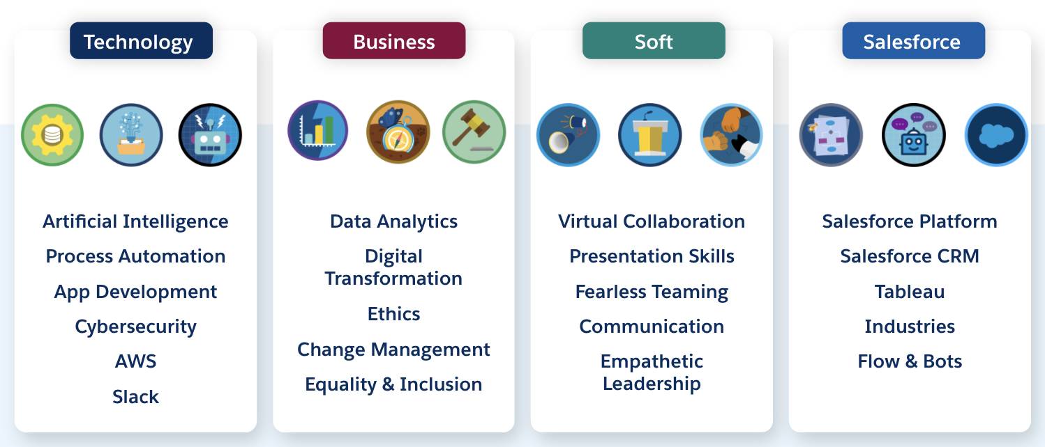 Lista de temas de tecnología, negocios, competencias interpersonales y Salesforce que abarca Trailhead.