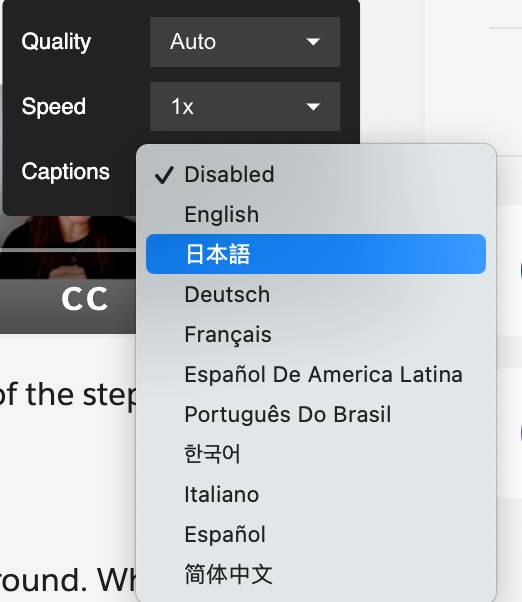 El selector de idiomas de los subtítulos muestra todos los idiomas disponibles.