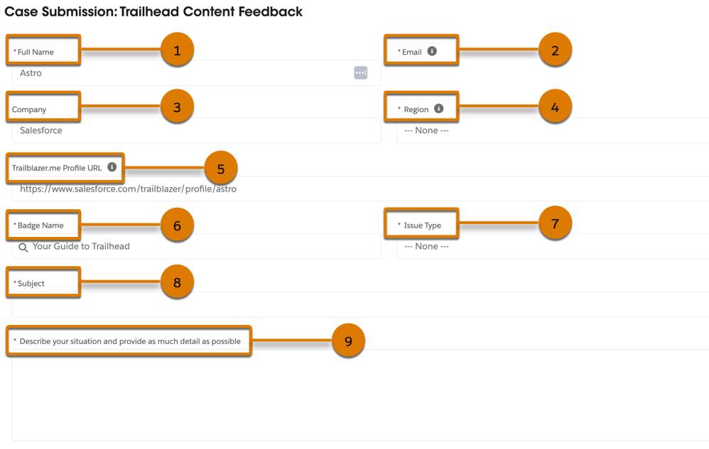 Captura de pantalla de la página de envío de casos Trailhead Content Feedback (Comentarios sobre contenido de Trailhead).