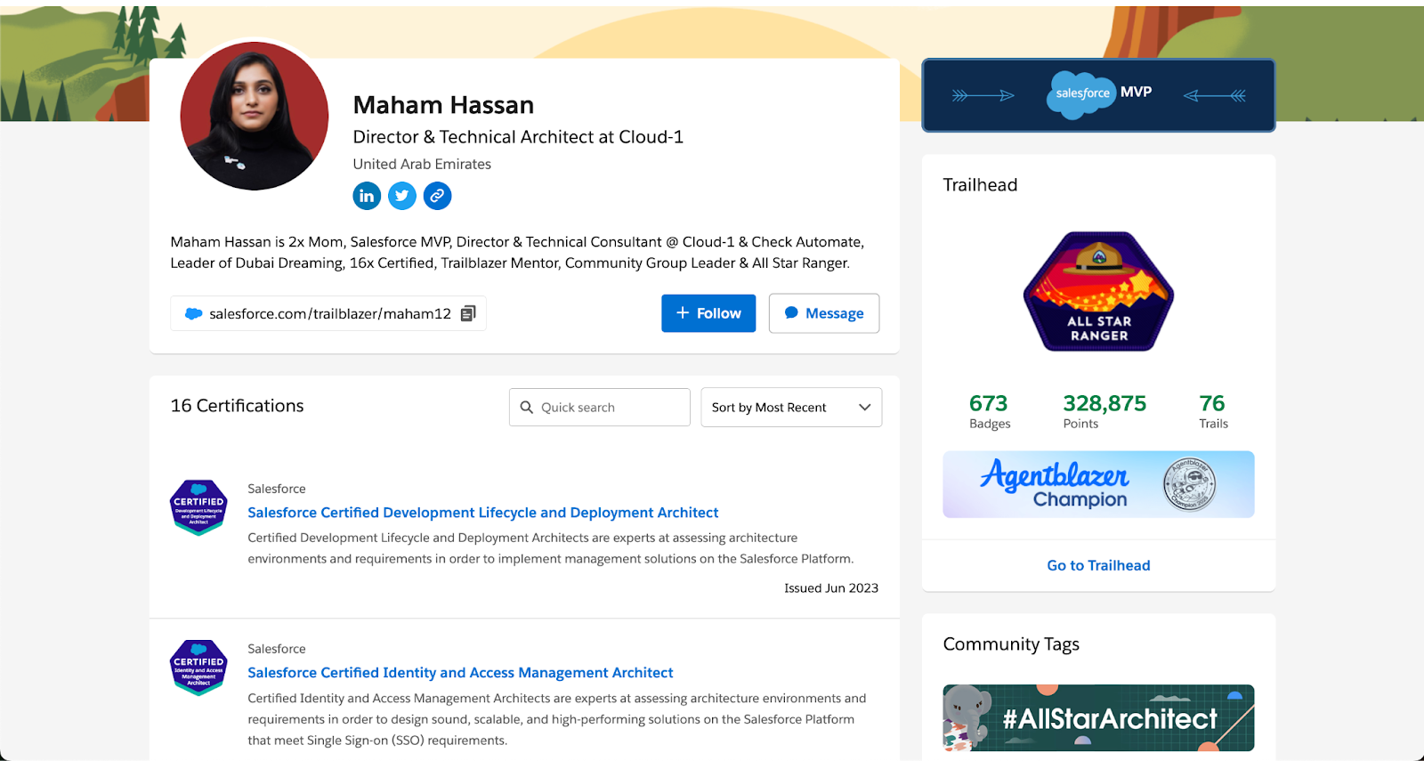 A Trailhead profile page includes sections for personal information, certifications, rank, community tags, Q&A, and more.