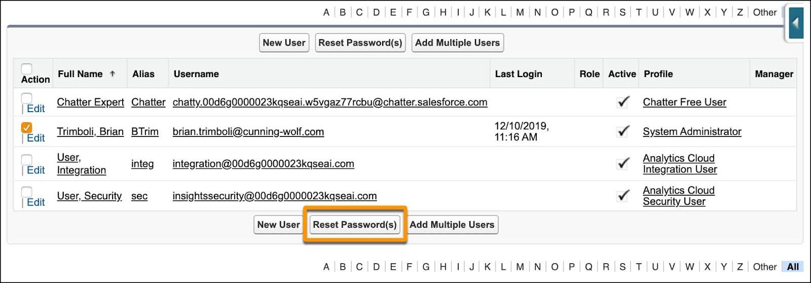 L'elenco di utenti in Setup (Imposta) con il pulsante Reset Password(s) (Reimposta password) in evidenza