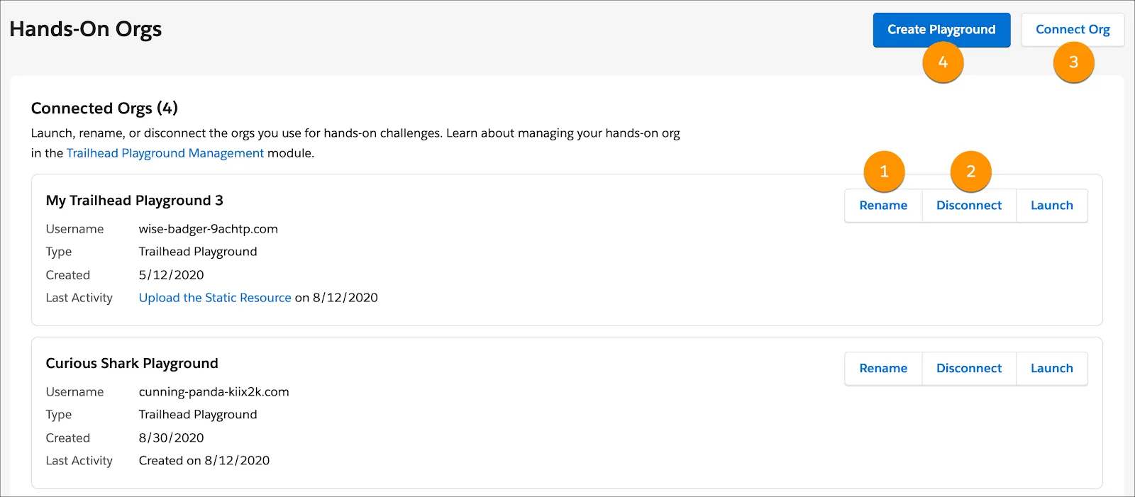 La pagina di gestione delle organizzazioni con i pulsanti Rinomina, Disconnetti, Connetti organizzazione e Crea playground in evidenza