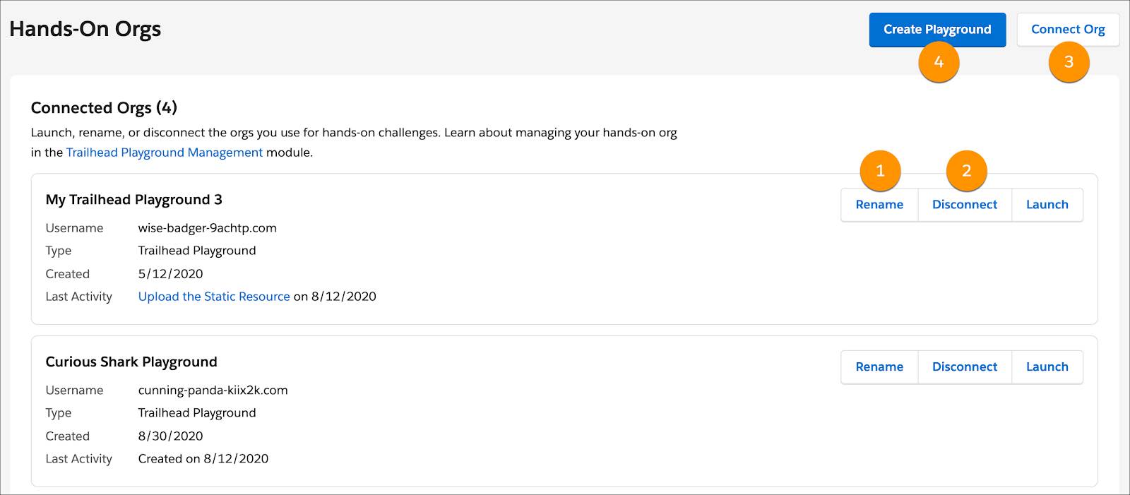 La pagina di gestione delle organizzazioni con i pulsanti Rinomina, Disconnetti, Connetti organizzazione e Crea playground in evidenza
