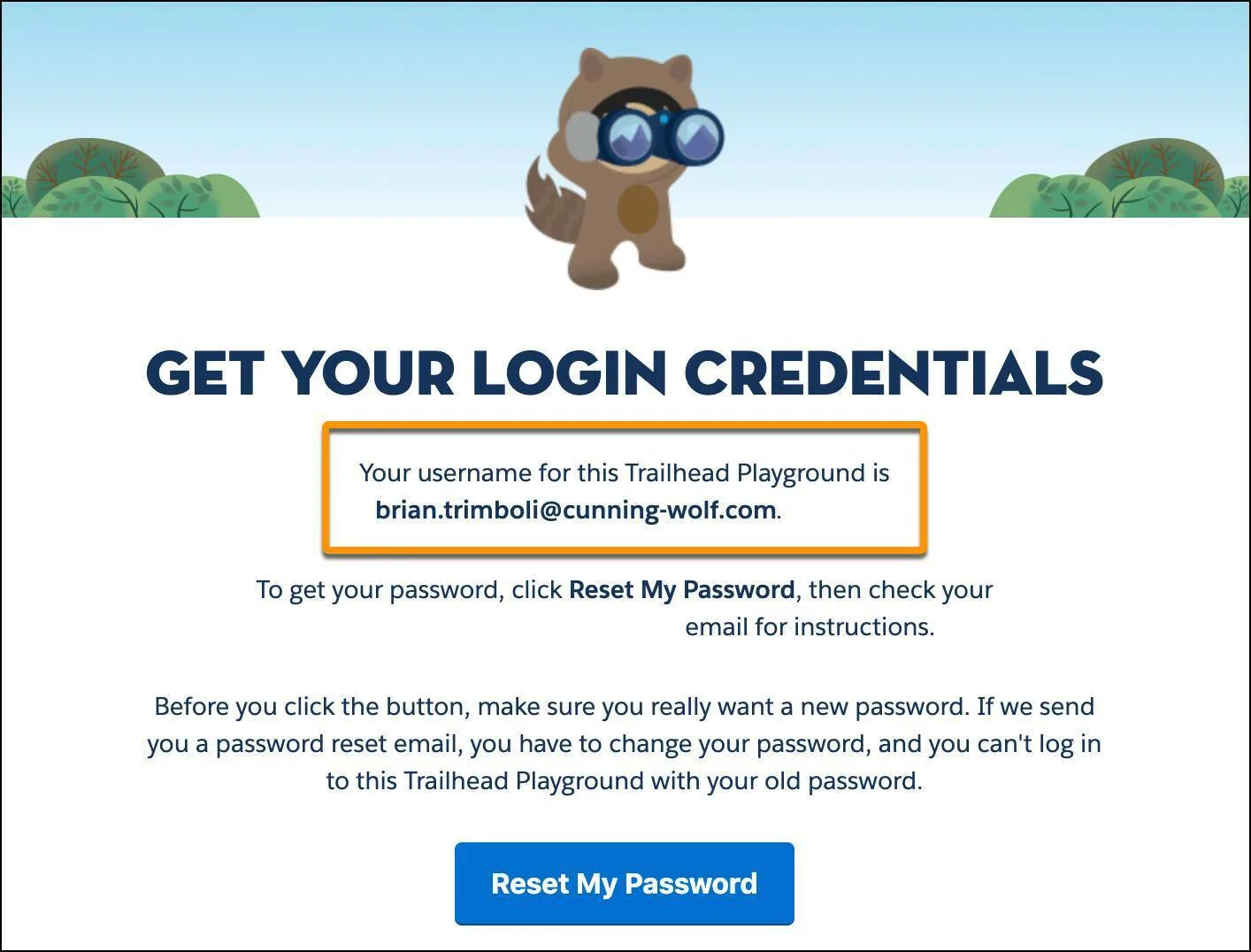 Trailhead のヒントアプリケーションの [Get Your Login Credentials (ログイン情報の表示)] ページ。ユーザー名が赤い線で囲まれています。