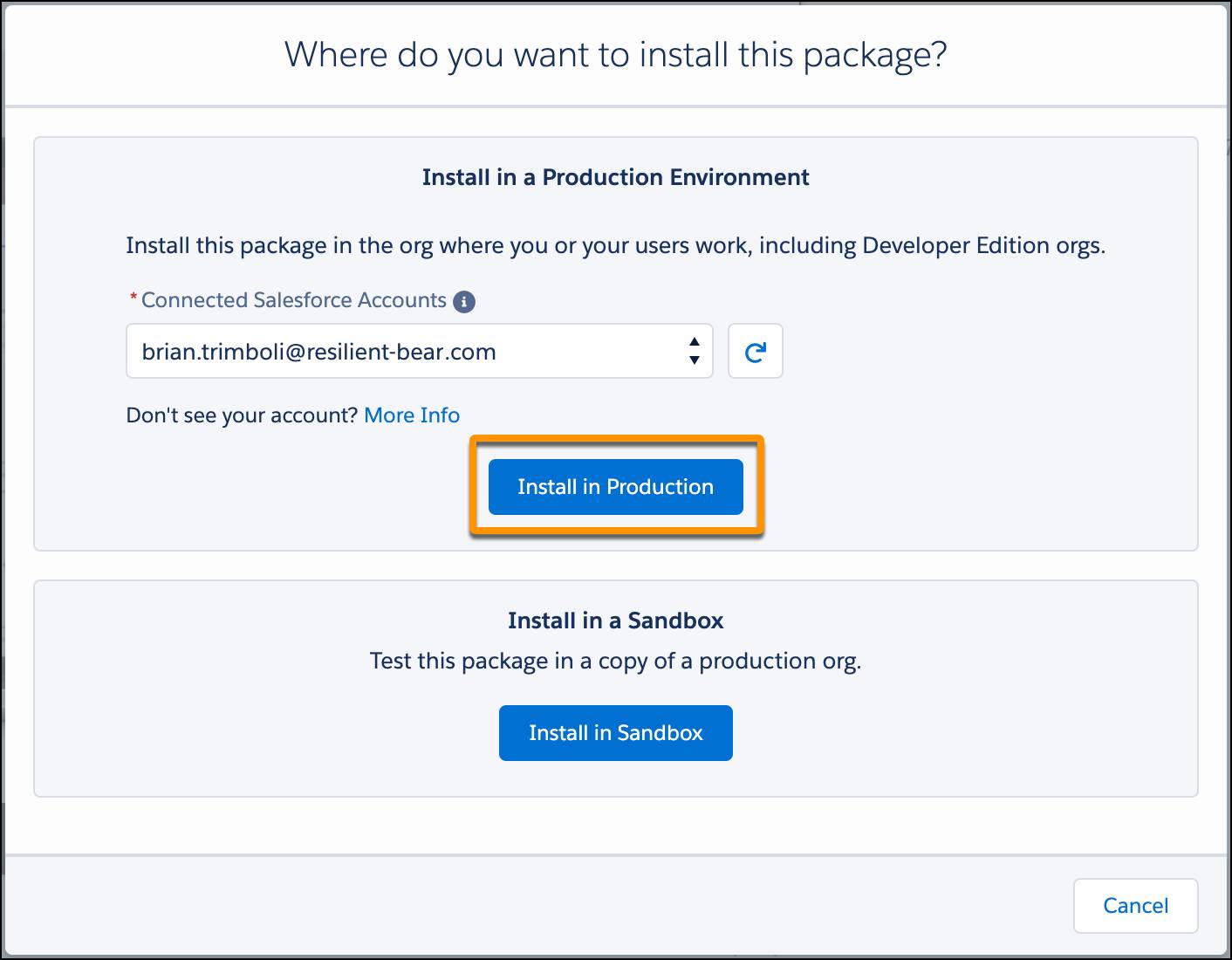 La boîte de dialogue Where do you want to install this package (Où voulez-vous installer ce package) dans AppExchange, avec un Trailhead Playground sélectionné et le bouton Install in Production (Installer en production) mis en évidence.