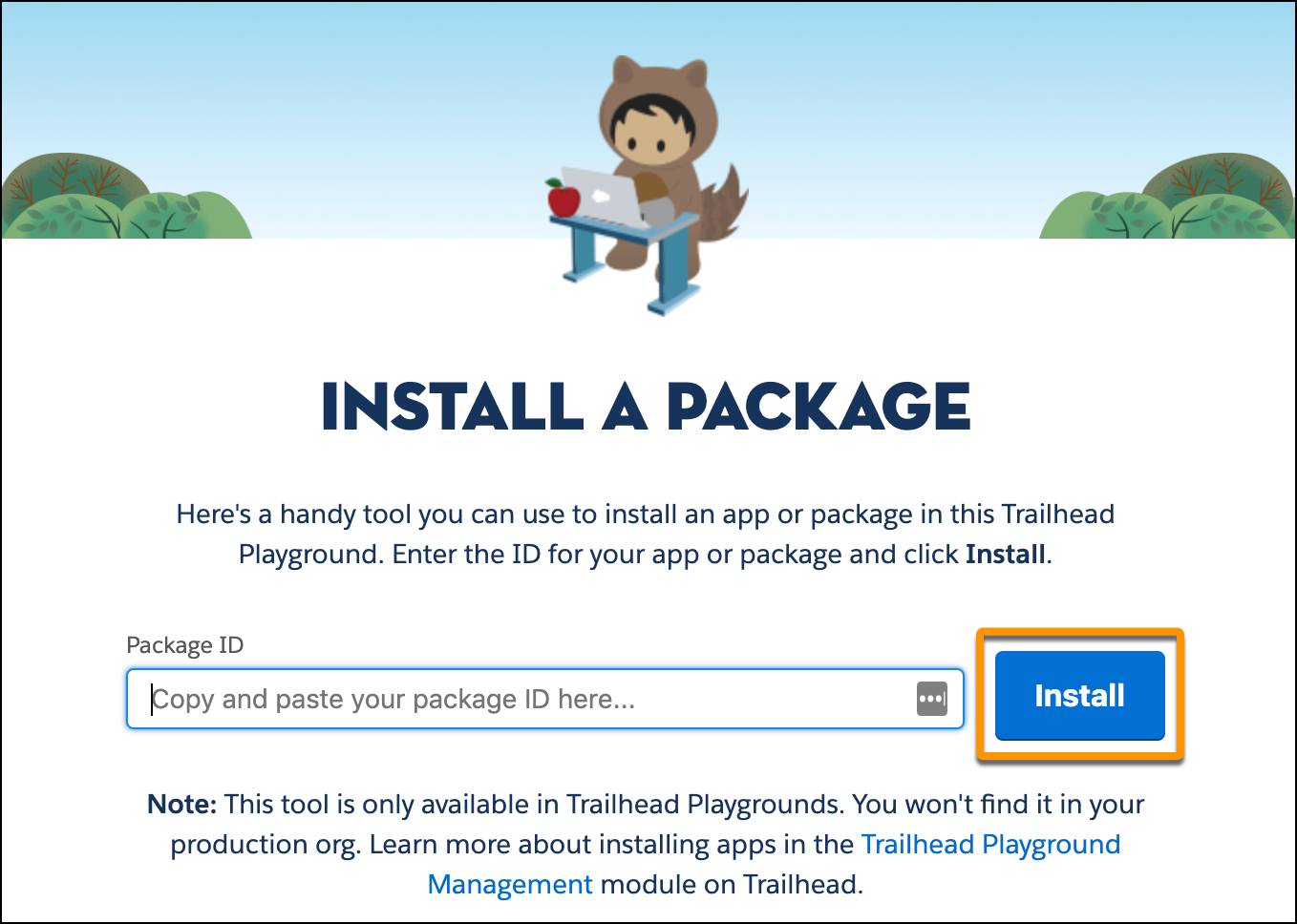 L'onglet Install a Package (Installer un package) dans l’application Trailhead Tips