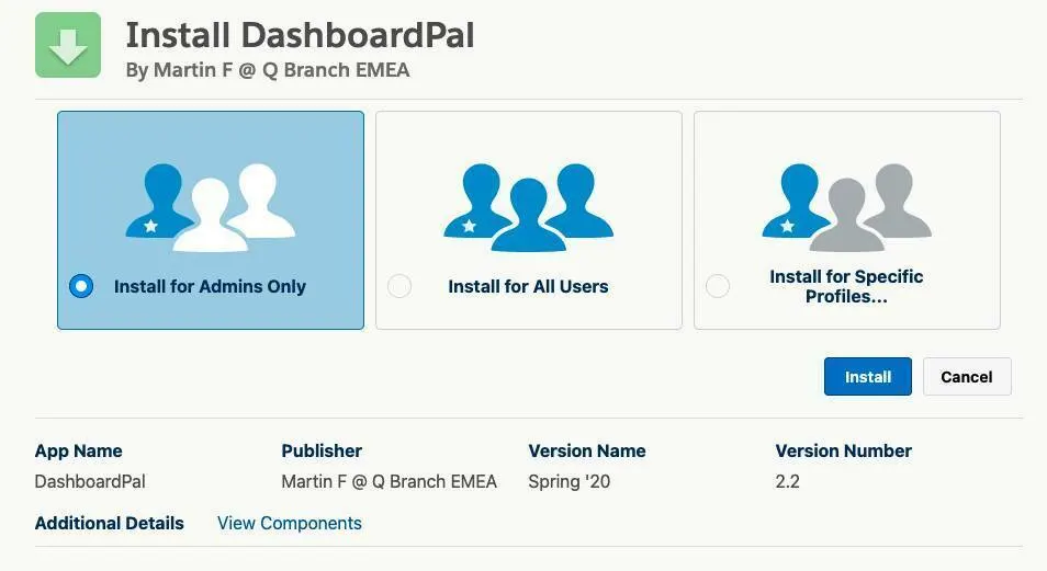 La schermata di installazione del pacchetto, con l'opzione Install for Admins Only (Installa solo per gli amministratori) selezionata e il pulsante Install (Installa) in evidenza