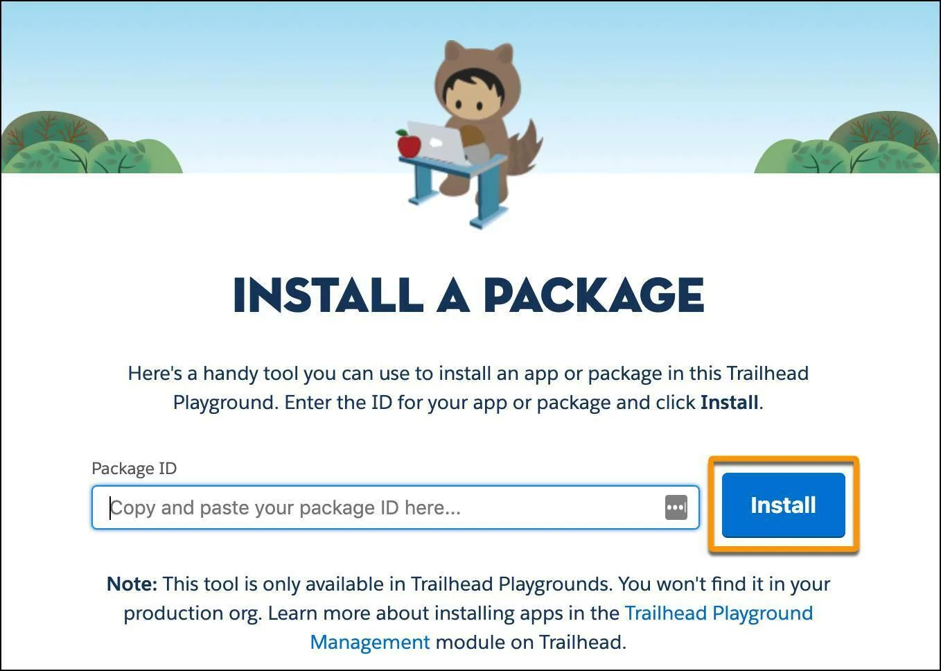 La scheda Install a Package (Installare un pacchetto) nell'app Trailhead Tips