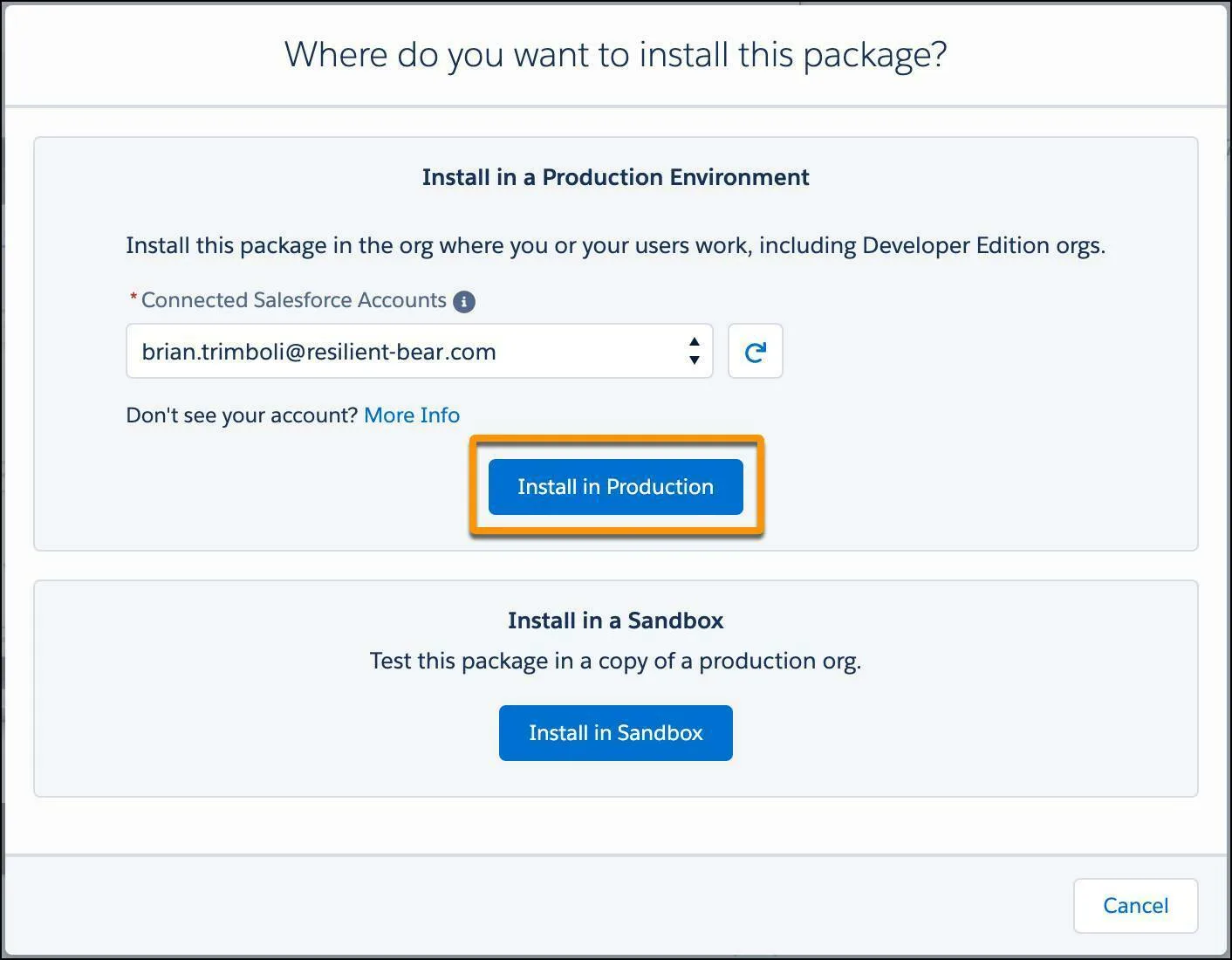 La finestra di dialogo Where do you want to install this package (Dove si desidera installare questo pacchetto) di AppExchange, con un Trailhead Playground selezionato e il pulsante Install in Production (Installa in produzione) in evidenza