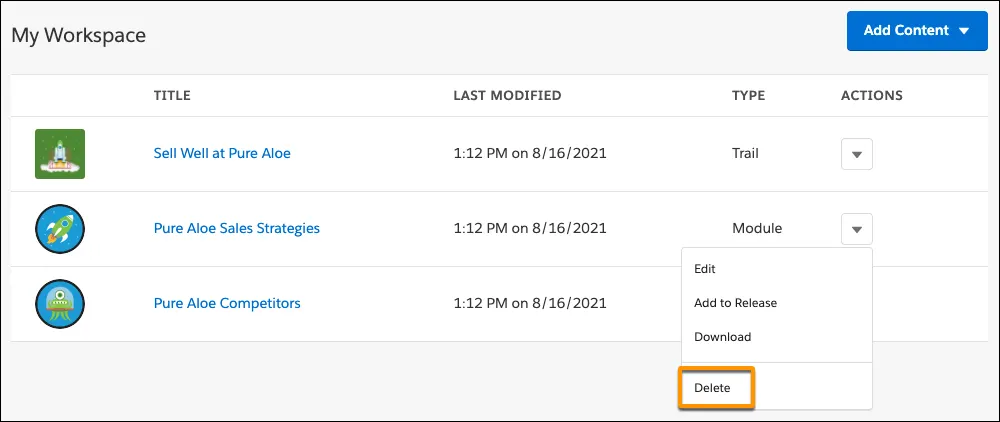 The Trailmaker Content workspace, showing the Delete option in the Actions dropdown for a trail.