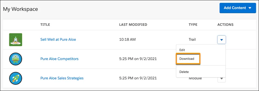 The Trailmaker Content workspace, showing the Download option in the Actions dropdown for a trail.