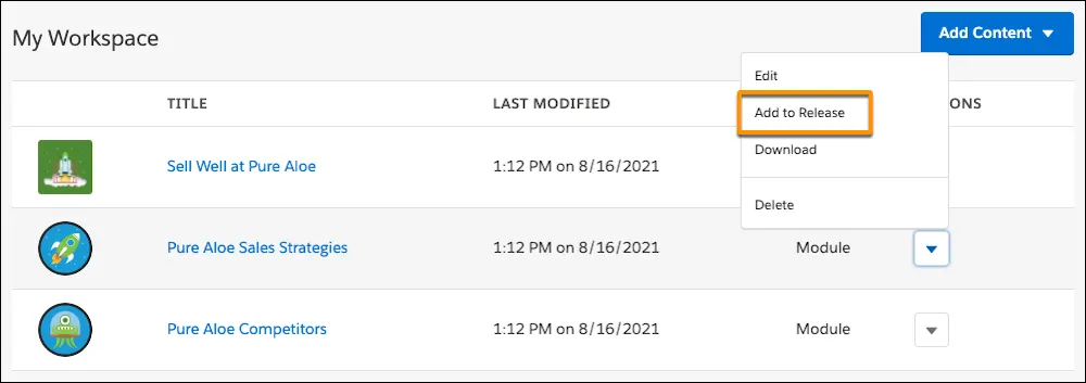 The Actions dropdown for a module in the Trailmaker Content workspace, showing the Add to Release option.
