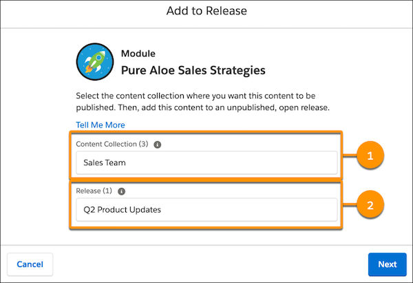 The Add to Release window, showing the content collection and release to select.