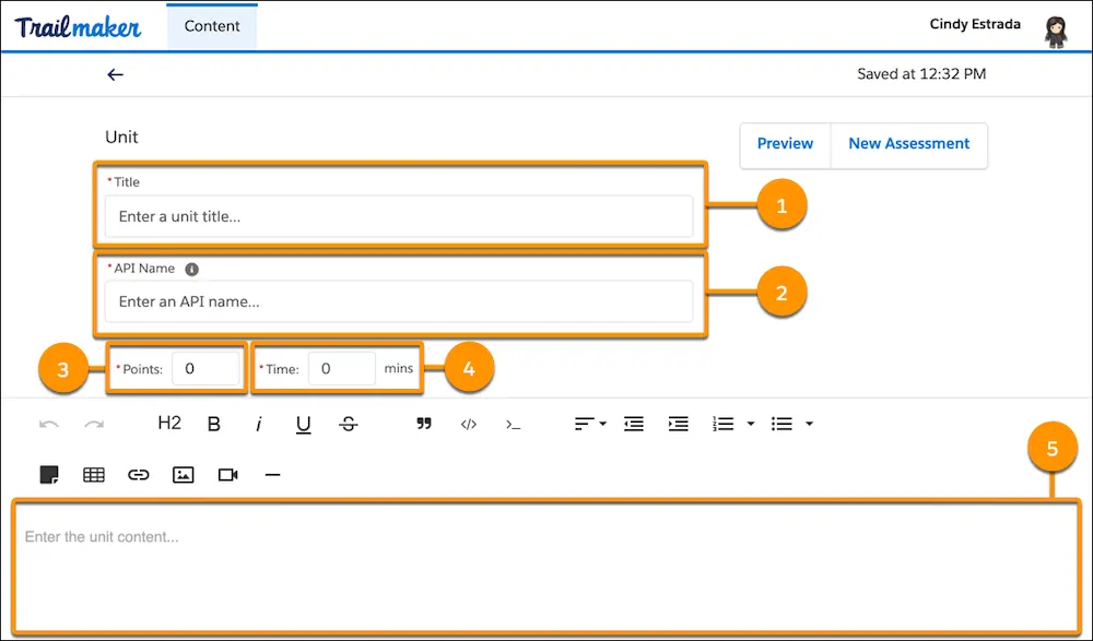 Die Seite 'Edit Unit' (Lektion bearbeiten) in Trailmaker Content, auf der die vom Autor eingegebenen Informationen zur Lektion gezeigt werden.