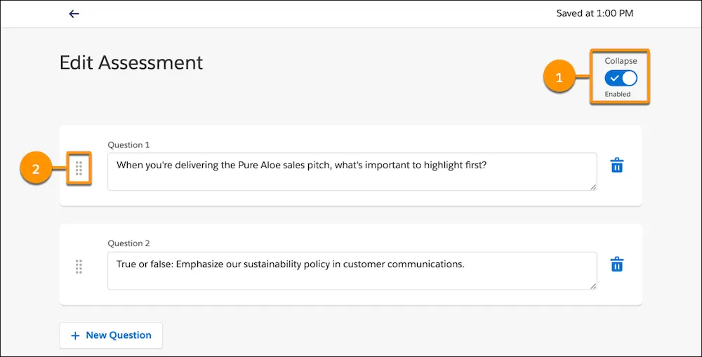 有効になった [Collapse (折りたたむ)] 切り替えが表示され、質問のグラバーハンドルが強調表示されている [Edit Assessment (評価の編集)] ページ。
