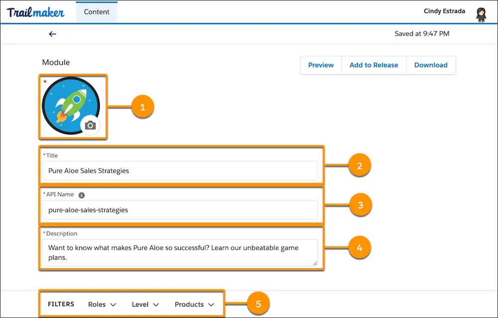 A página Editar módulo no Trailmaker Content, mostrando as informações do módulo que um redator insere.