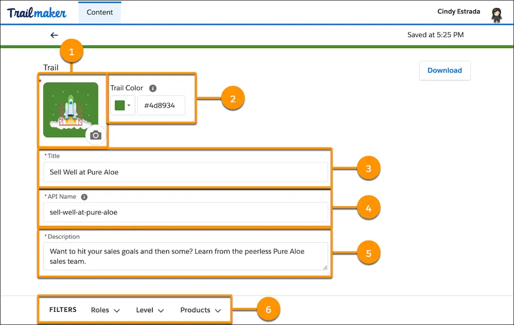 ライターが入力したトレイルの情報が表示されている Trailmaker Content の [Edit Trail (トレイルの編集)] ページ。