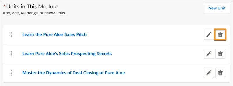 The Edit Module page, showing the option to delete a unit.