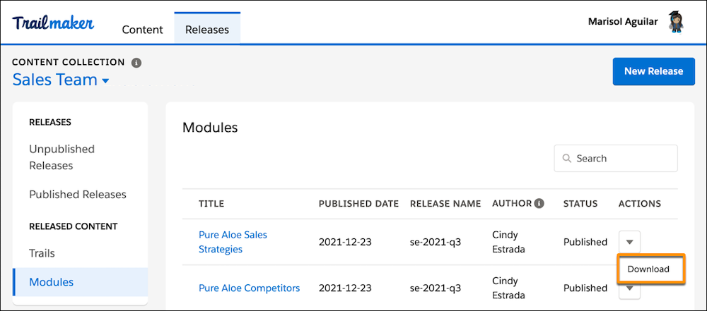 The Released Content section of the content collection page in Trailmaker Release, showing the option to download a released module’s backpack.