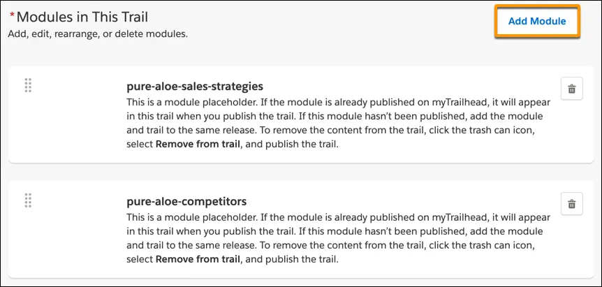 The Edit Trail page, showing the Add Module button.