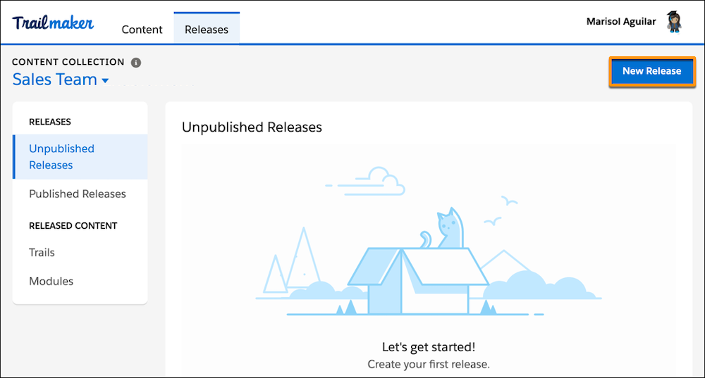 [New Release (新規リリース)] ボタンが表示されている Trailmaker Release のコンテンツコレクションページ