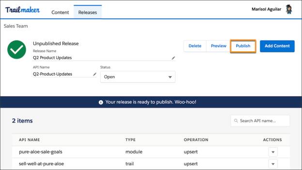 Página de lanzamiento en Trailmaker Release, mostrando el botón Publish (Publicar)