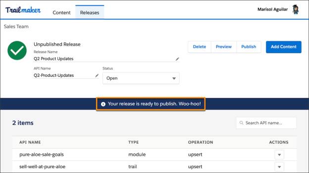 Page de la version dans Trailmaker Release indiquant que la version ne contient ni erreur ni avertissement et qu’elle est prête à être publiée