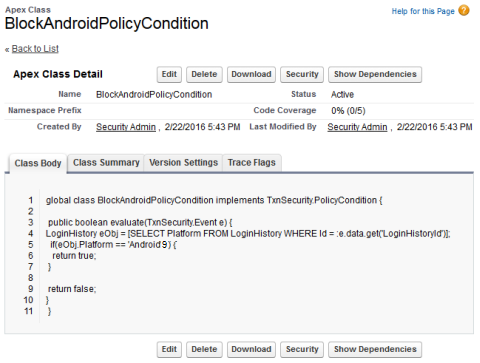 Apex code for the BlockAndroid policy.