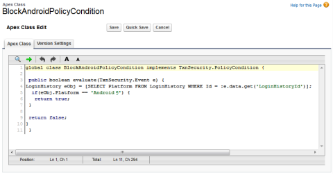 Editing window for the BlockAndroid policy.