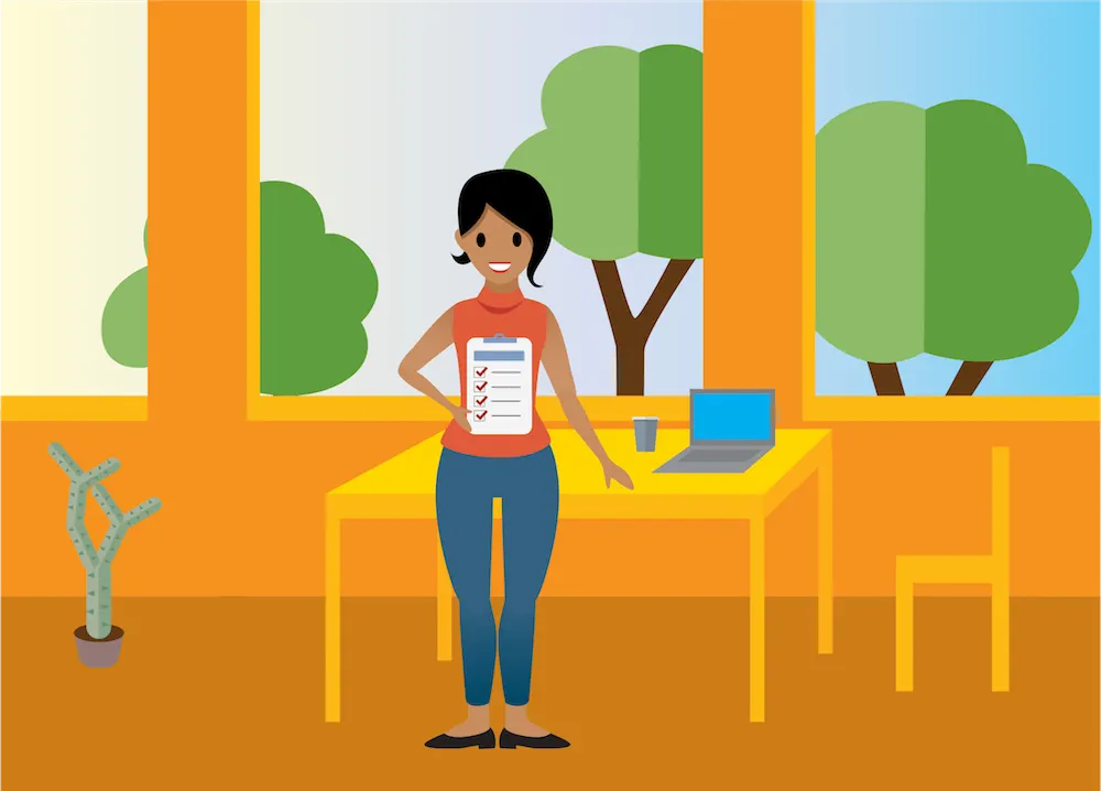Usuaria de Salesforce mostrando orgullosa su lista de comprobación para las pruebas.