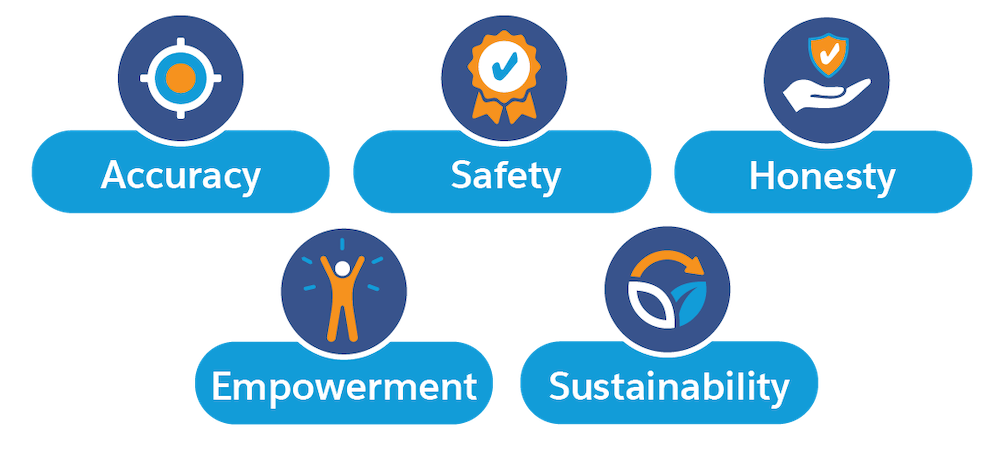 Symbole, die Genauigkeit, Sicherheit, Ehrlichkeit, Unterstützung und Nachhaltigkeit darstellen