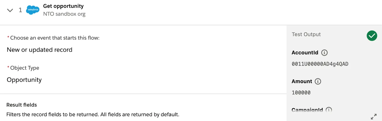 Tested flow showing a green check mark on step 1.