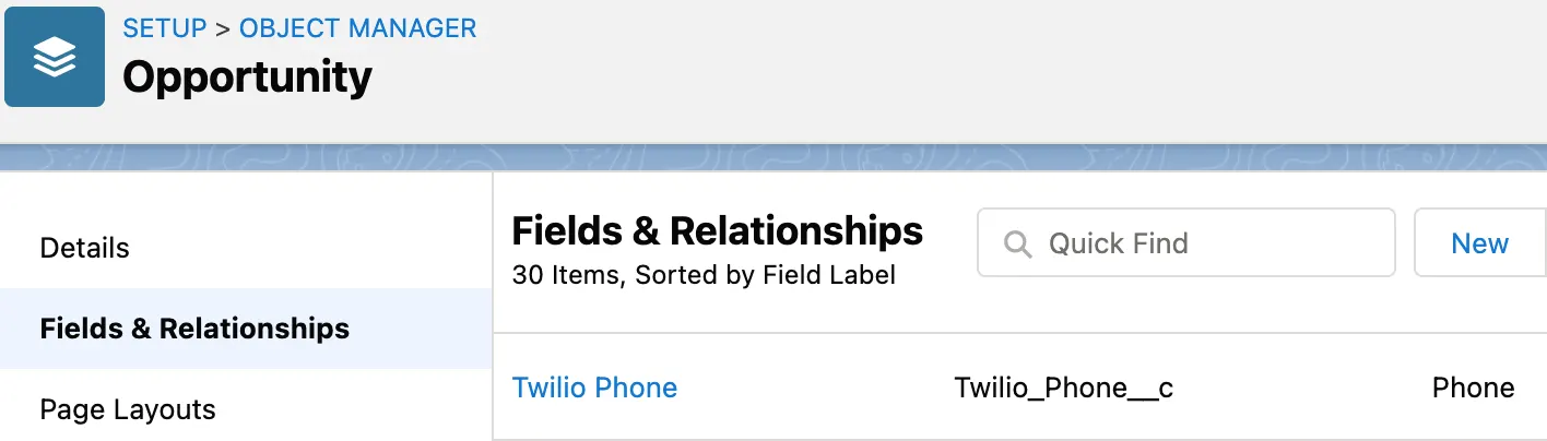 Opportunity object with Twilio Phone custom field.