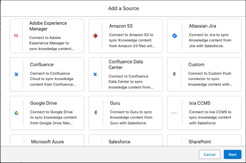 The Add a Source page in Unified Knowledge Setup.