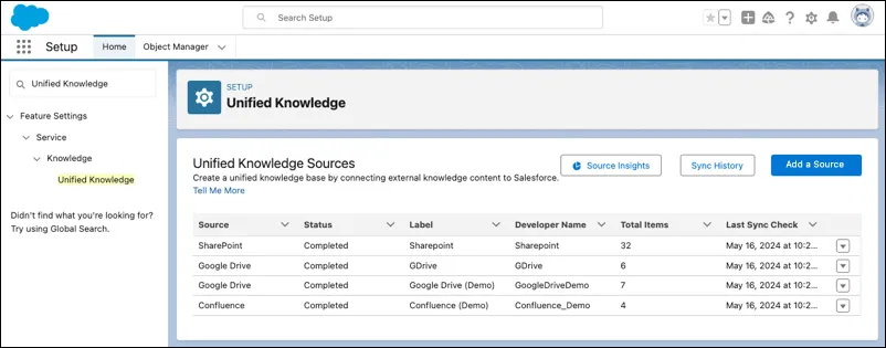 The Unified Knowledge Setup page.