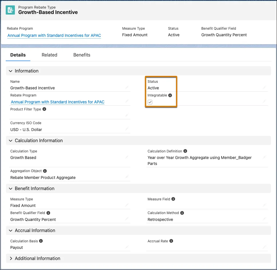 The Growth-Based Incentive rebate type where the status is active and the Integratable checkbox is selected.