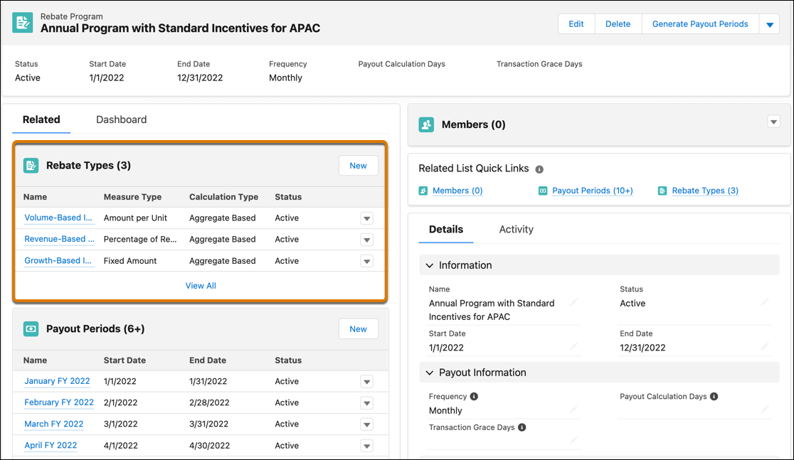 A rebate program with three associated rebate types.