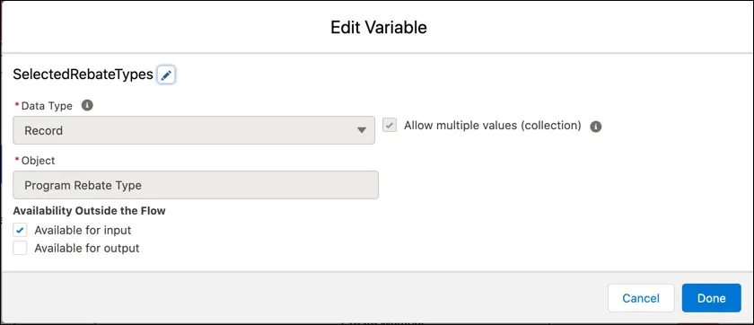 Create a collection variable to store eligible rebate types.