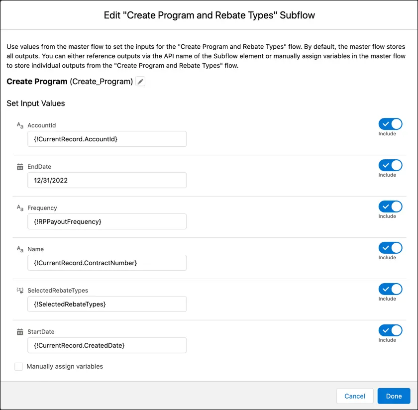 Add a subflow to create a new rebate program and add the selected rebate types to it.