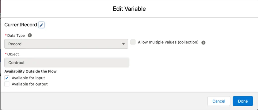 Create a single record variable to store the target object record.